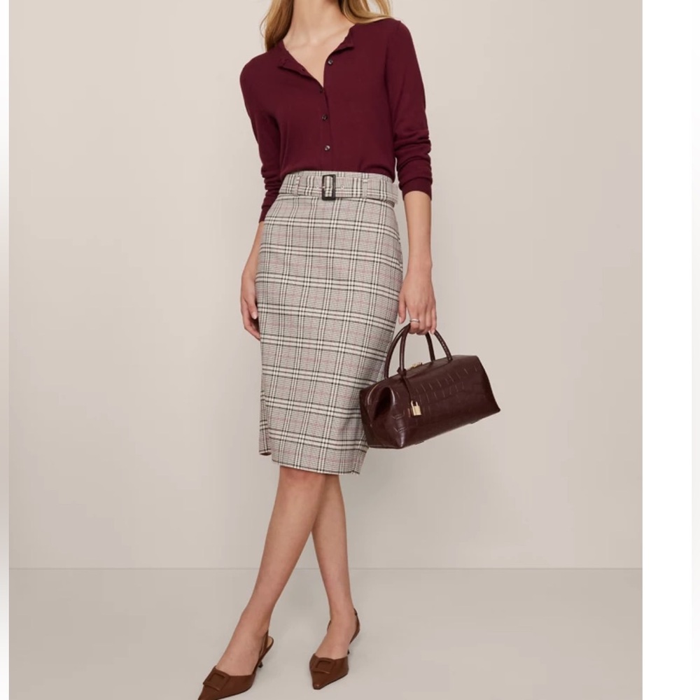 Ann Taylor Plaid Belted Midi Pencil Skirt